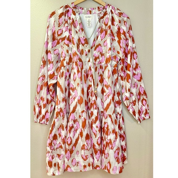 NWT Jessica Simpson Long Sleeve Tiered Patterned Tie Neck Boho Mini Dress - Picture 1 of 6
